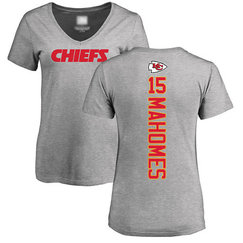 Women Football Kansas City Chiefs #15 Mahomes Patrick Ash Backer V-Neck T-Shirt->kansas city chiefs->NFL Jersey